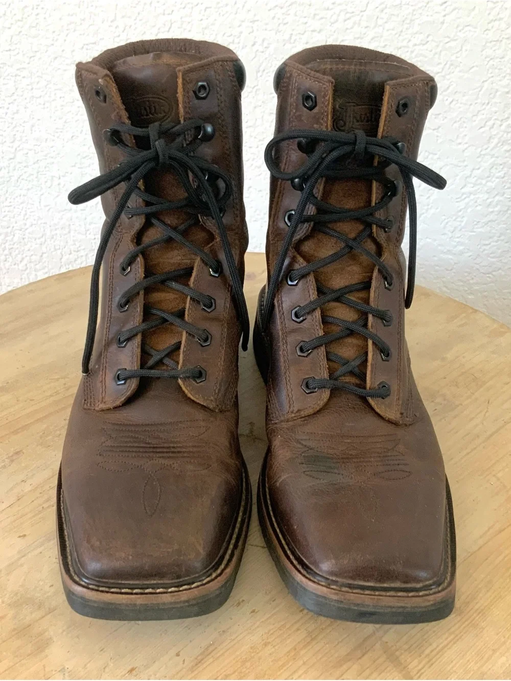 Justin Boots Brown Leather Lace-Up Work Boots with Black Laces